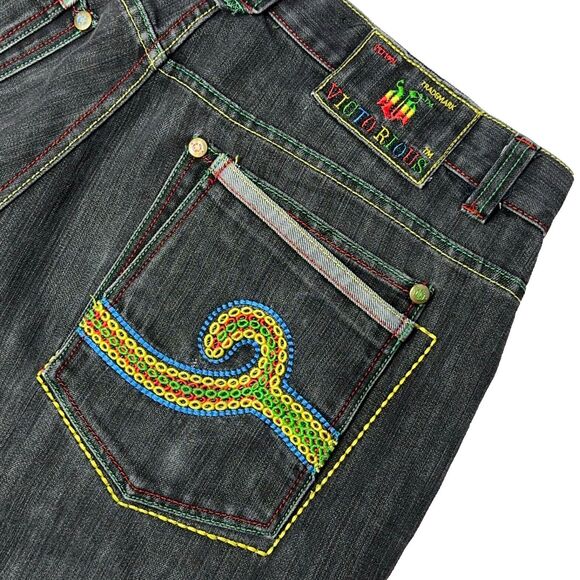 VTG 90s Y2K VICTORIOUS Colorful Embroidered Black Denim Shorts Men Size 40 (B1) - Picture 1 of 15